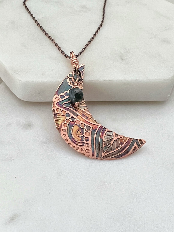 Acid etched copper crescent necklace with India agate gemstone