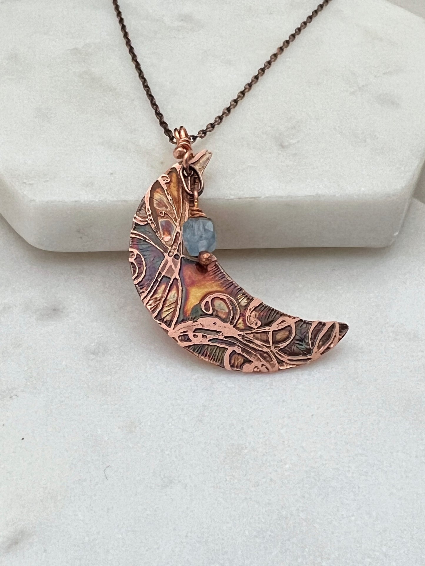 Acid etched copper crescent necklace with aquamarine gemstone