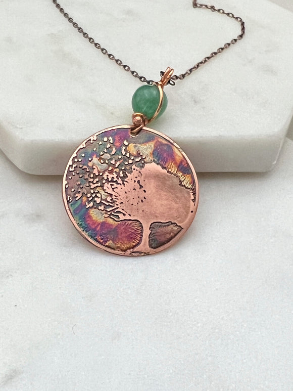 Acid etched copper blowing tree necklace with aventurine gemstone