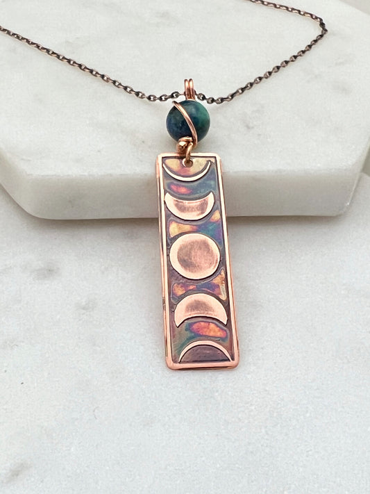 Moon phase acid etched copper necklace with chrysocolla gemstone