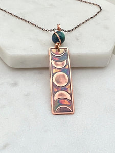 Moon phase acid etched copper necklace with chrysocolla gemstone