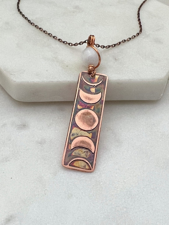 Moon phase acid etched copper necklace with moonstone gemstone