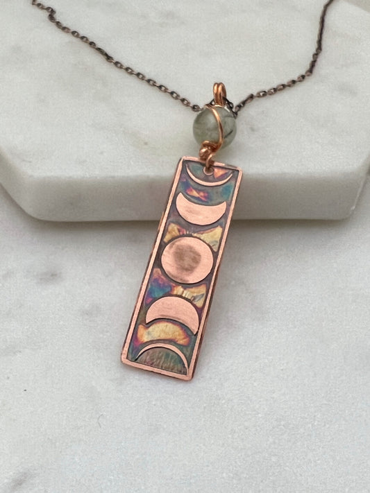 Moon phase acid etched copper necklace with prehnite gemstone