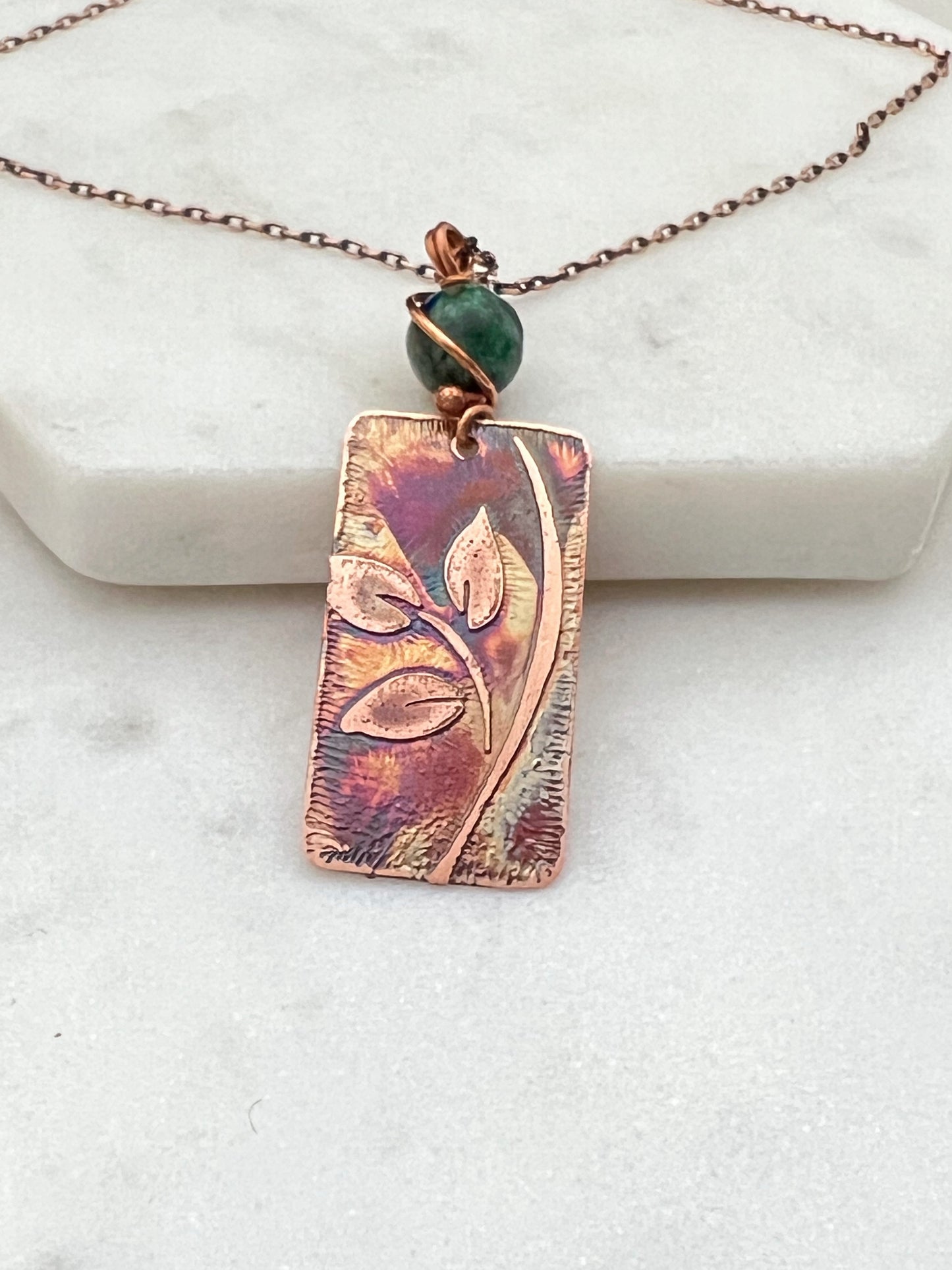 Acid etched copper leaf necklace with chrysocolla gemstone
