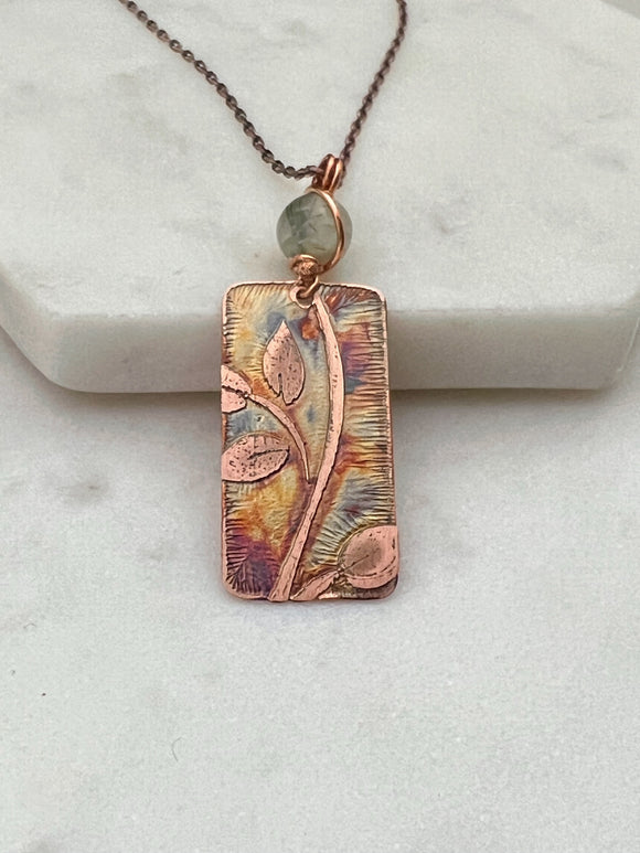 Acid etched copper leaf necklace with prehnite gemstone