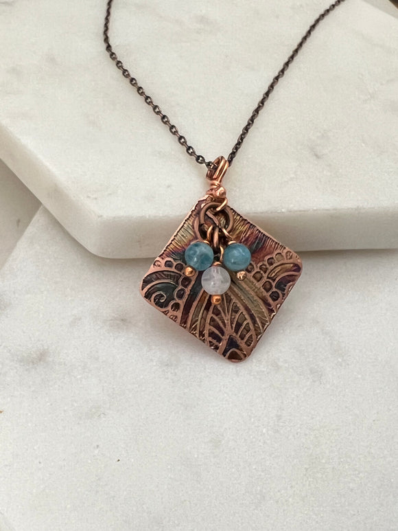 Acid etched copper necklace with amazonite & moonstone gemstones