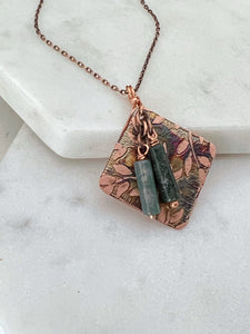 Acid etched copper necklace with moss agate gemstones