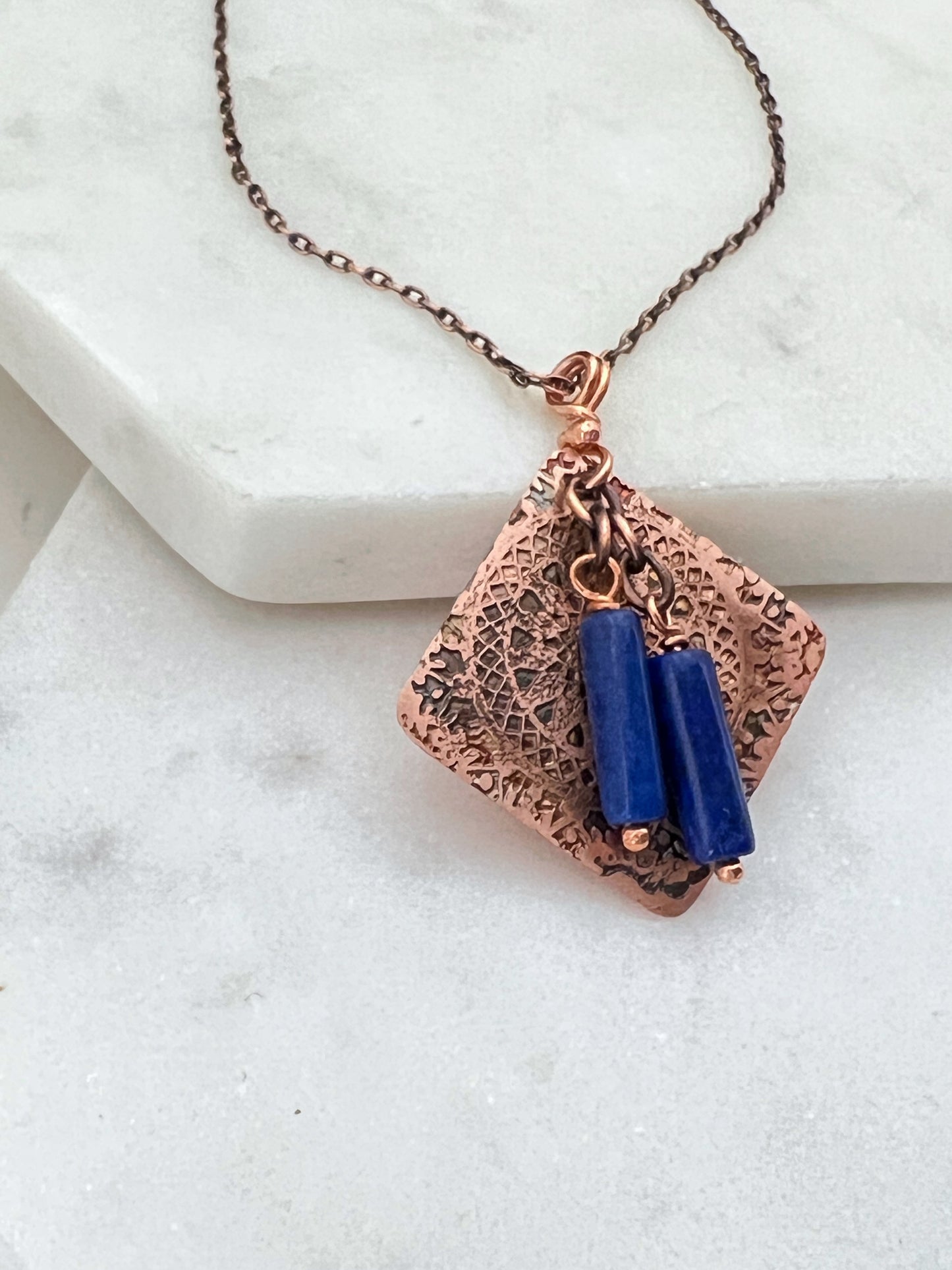 Acid etched copper necklace with lapis gemstones