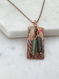 Acid etched copper necklace with moss agate gemstones