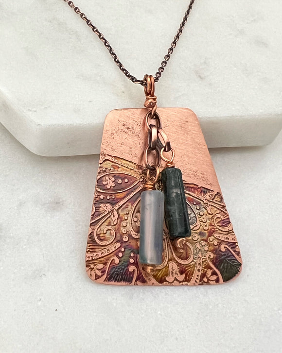 Acid etched copper necklace with moss agate gemstones