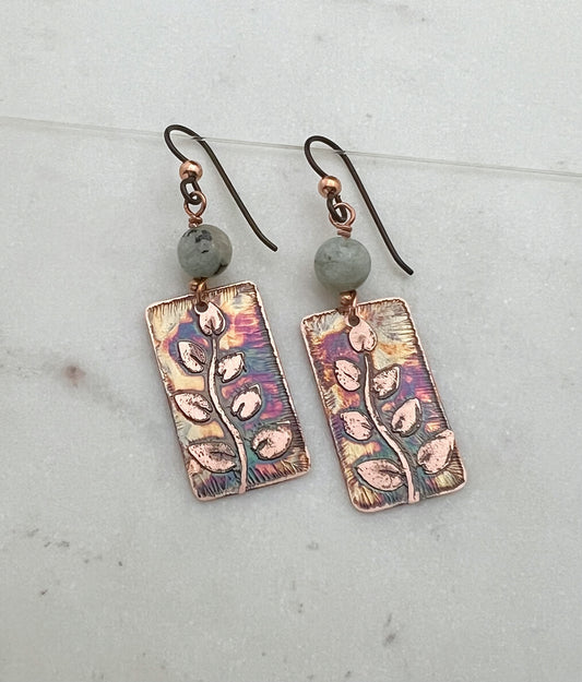 Acid  etched copper earrings with moss agate gemstones