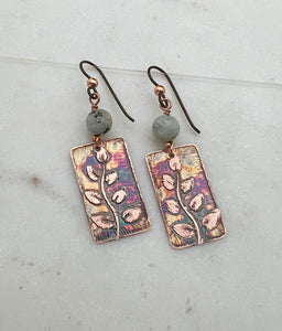 Acid  etched copper earrings with moss agate gemstones
