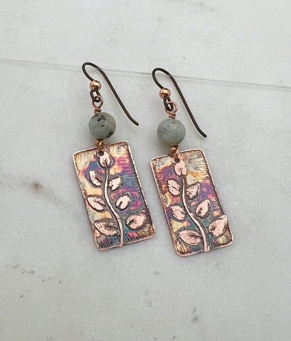 Acid  etched copper earrings with moss agate gemstones