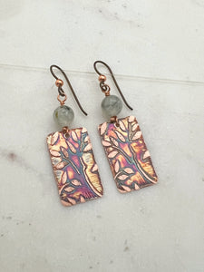 Acid  etched copper earrings with prehnite gemstones