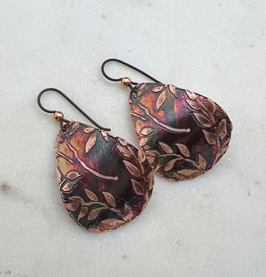 Acid etched copper medium teardrop earrings