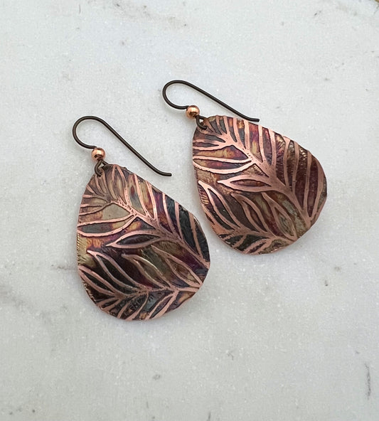 Acid etched copper medium teardrop earrings