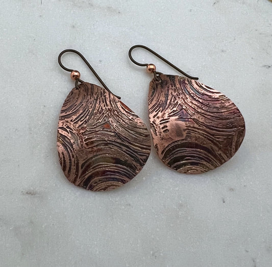 Acid etched copper medium teardrop earrings