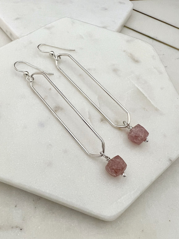 Sterling silver oval hoops with strawberry quartz
