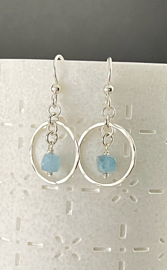 Sterling silver hoops with aquamarine