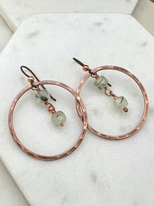 Copper hoop earrings with prehenite gemstone