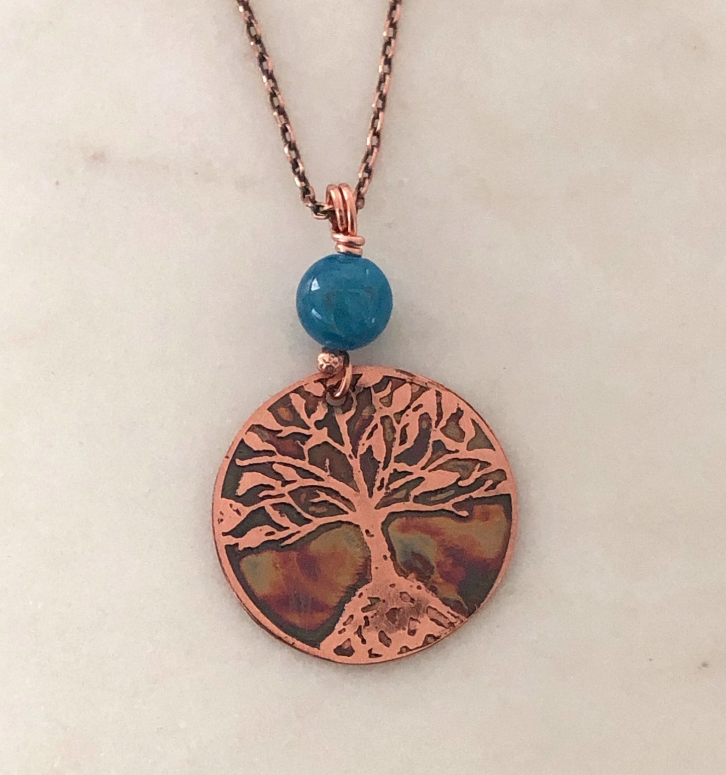 Acid etched copper tree necklace with apatite
