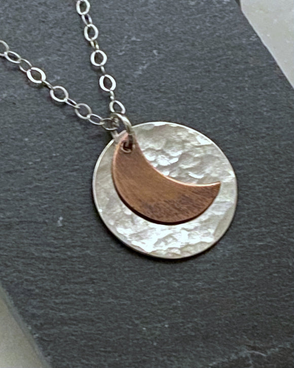 Sterling silver and copper moon necklace