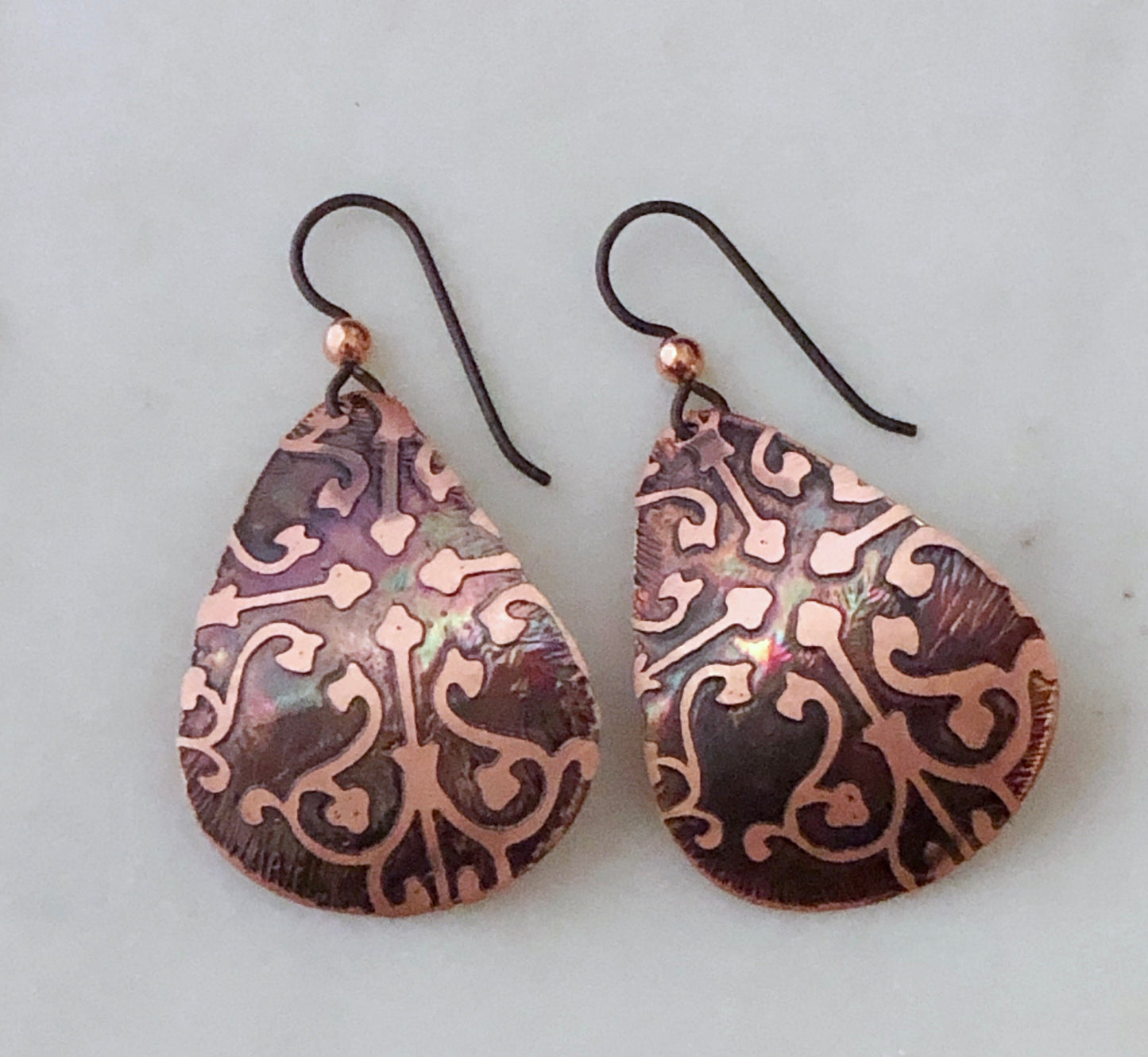 Acid etched copper medium teardrop earrings