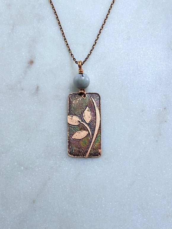 Acid etched copper leaf necklace with moonstone