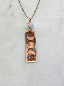 Acid etched copper moon phase necklace with moonstone