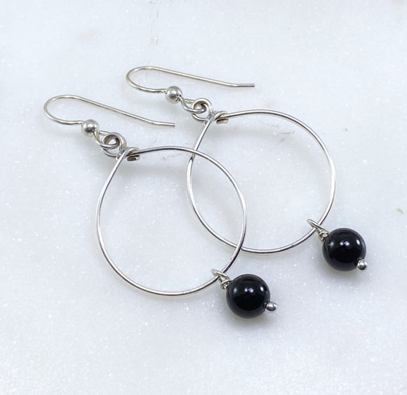 Sterling silver hoop earrings with onyx gemstone
