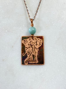 Acid etched copper elephant necklace with amazonite
