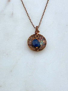 Acid etched copper mandala cupped dish necklace with apatite