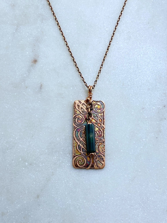 Acid etched copper swirls necklace with moss agate