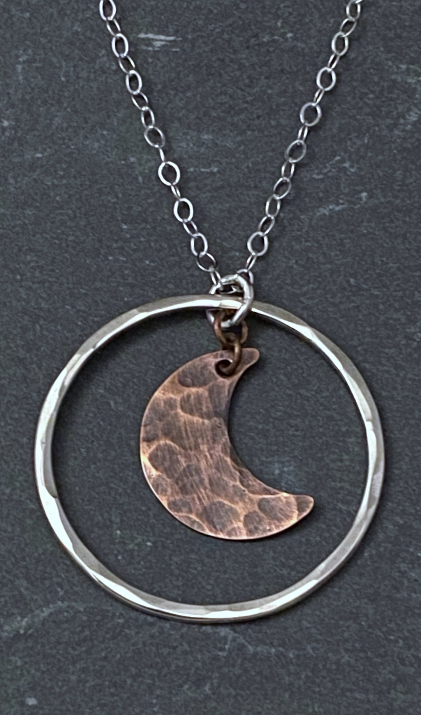 Sterling silver hoop with hanging copper moon necklace