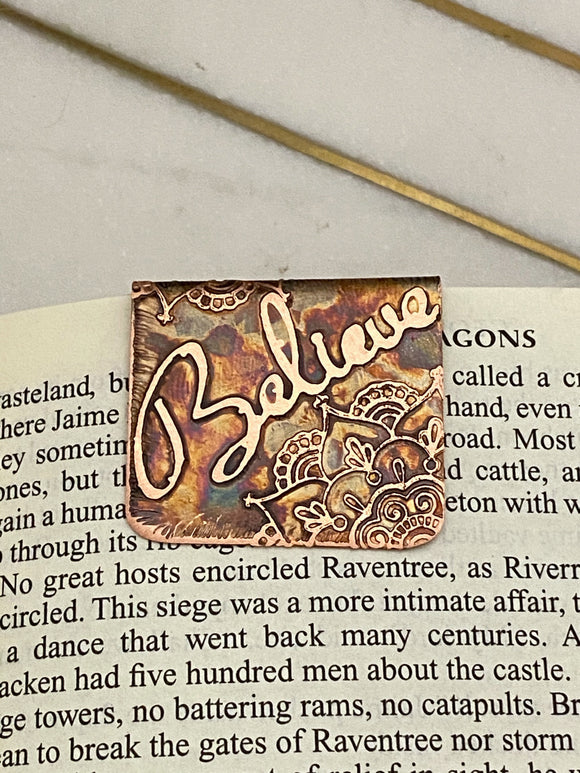 Acid etched copper Believe bookmark