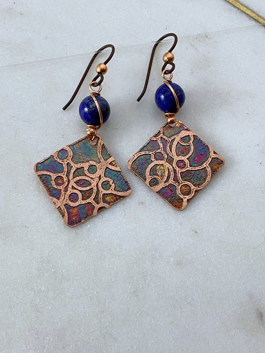 Acid etched copper open dot earrings with lapis