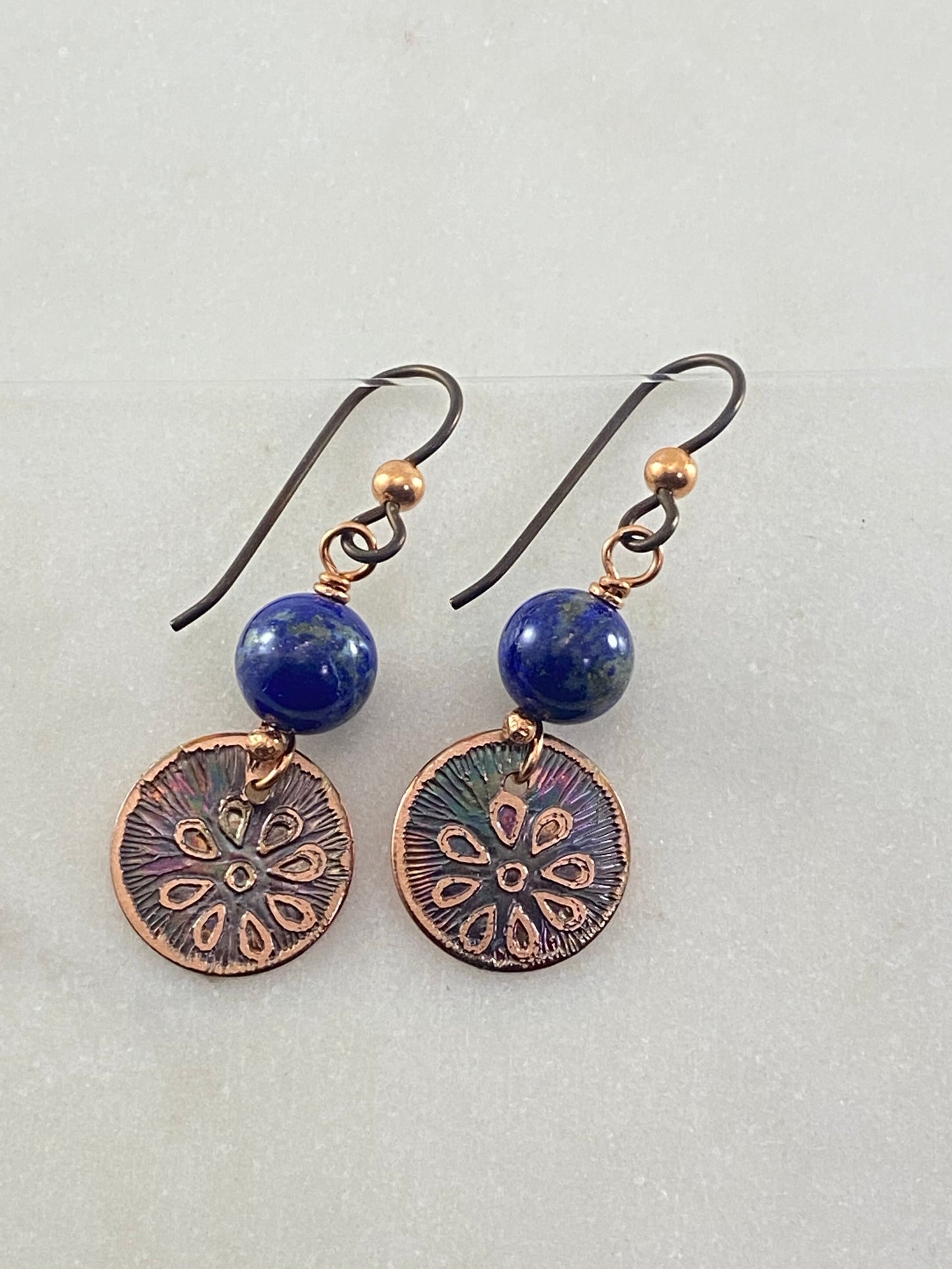 Acid etched copper earrings with lapis gemstones