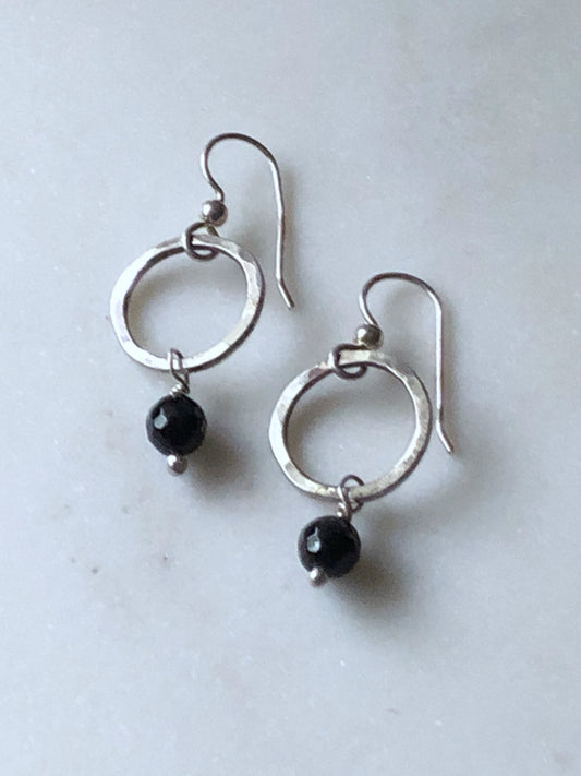 Sterling silver forged circle earrings with onyx gemstones