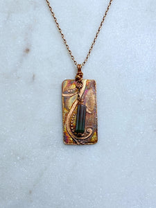 Acid etched copper swirl necklace with bloodstone