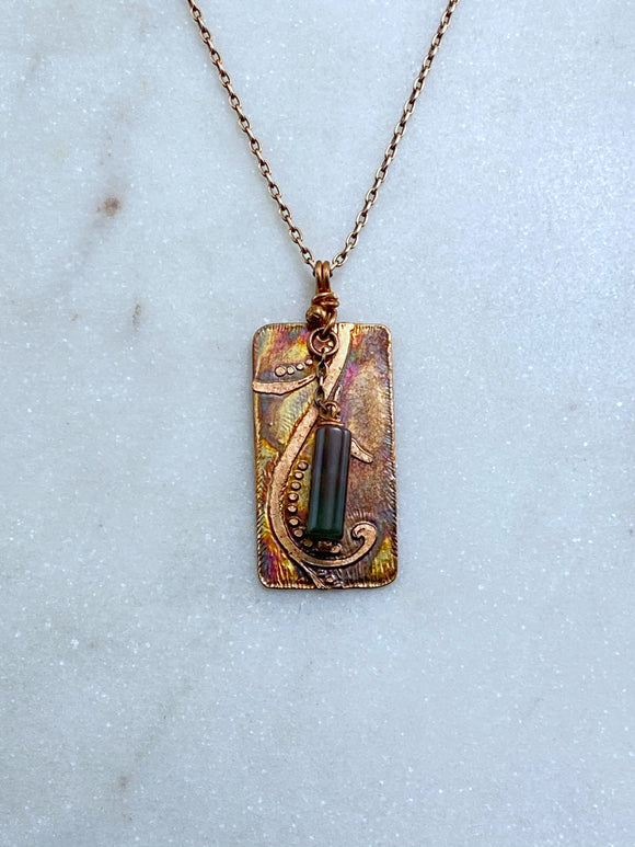 Acid etched copper swirl necklace with bloodstone