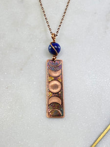 Acid etched copper moon phase necklace with lapis