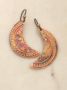 Acid etched copper moon earrings