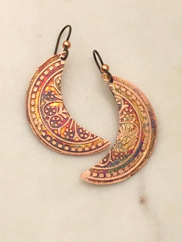 Acid etched copper moon earrings