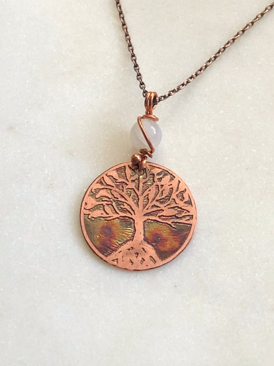Acid etched copper tree necklace with moonstone