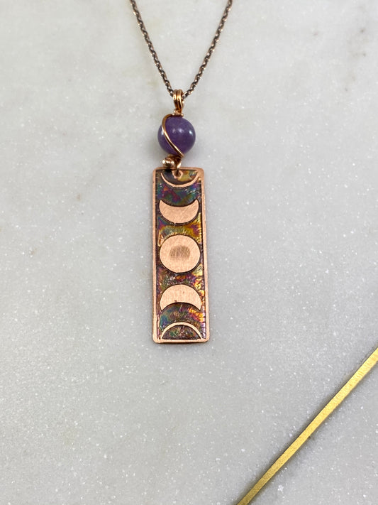 Acid etched copper moon phase necklace with amethyst
