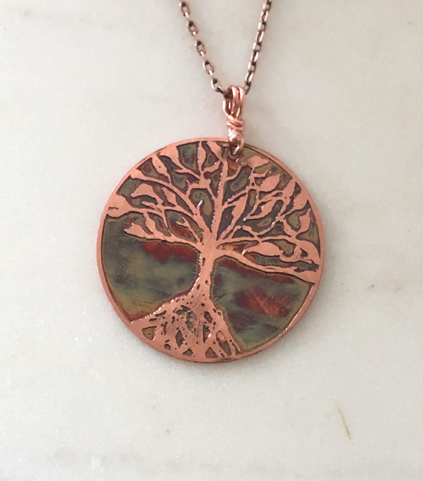 Acid etched copper tree necklace