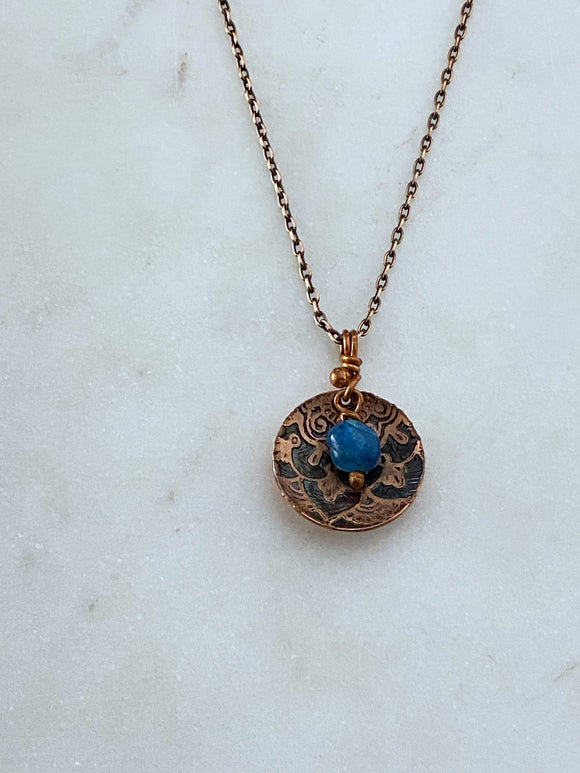 Acid etched copper cupped mandala dish necklace with apatite