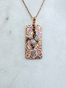 Acid etched copper open dot necklace with moonstone