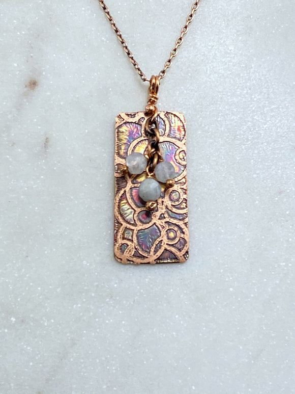 Acid etched copper open dot necklace with moonstone