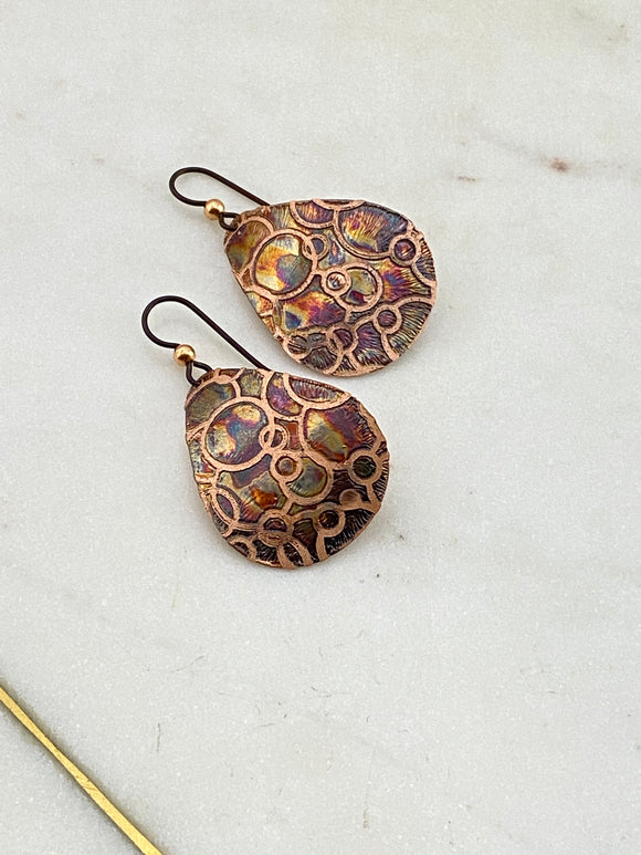 Acid etched copper open dot medium teardrop earrings